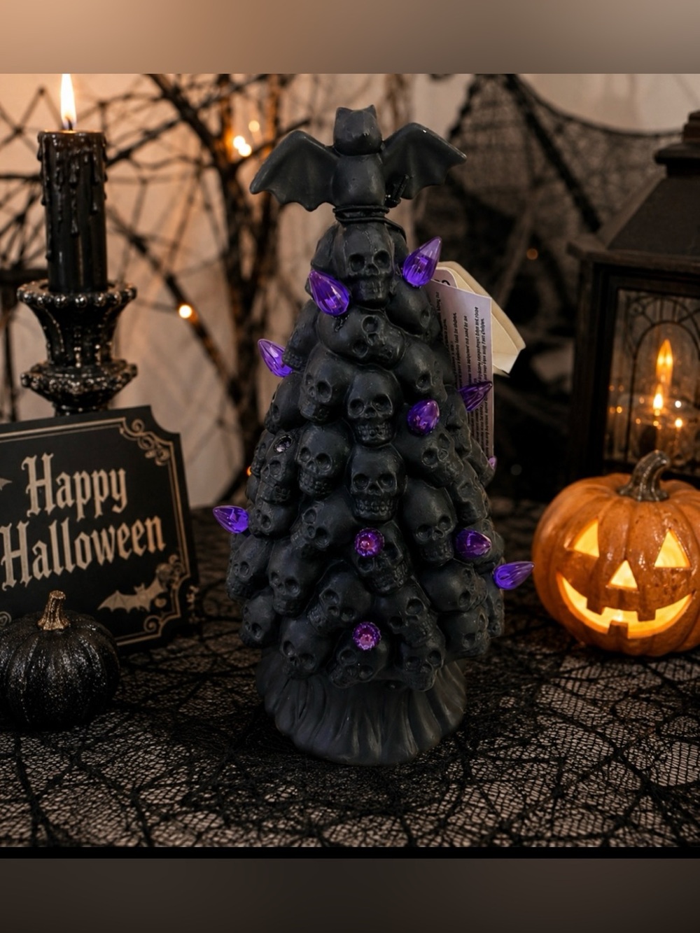 Black Gothic Ceramic  Skulls Halloween Christmas  Tree Pre-Lit Purple Lights BN…
